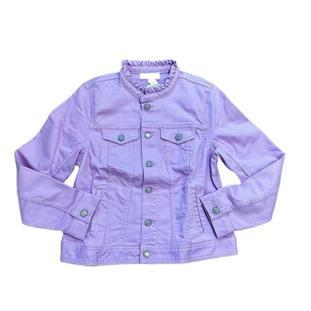 NWT - Talbots Lilac Ruffle Neck Denim Jacket MP Stretch Cotton Blend Petite - Picture 4 of 10